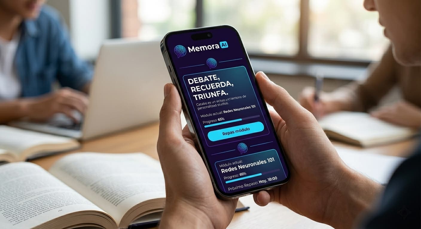 Estudiante sosteniendo un móvil con la app de Memora AI abierta mientras estudia